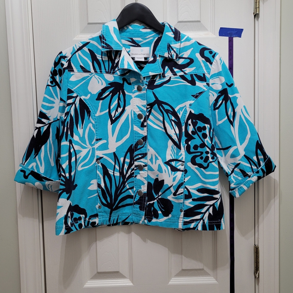 Drapers & Damons Vibrant Blue Floral Women's 3/4 Sleeve Jacket